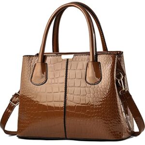 xingchen handbag and purse for women patent leather shoulder bag crocodile pattern top-handle satchel tote wallet(brown)