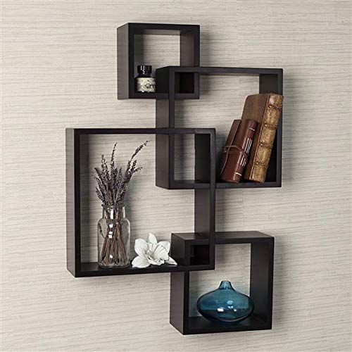 NALLBEIRRAA Wooden Wall Mounted Shelves, 4 Cube Intersecting Wall Mounted Floating Shelves for Living Room Bedroom Entryway Hallway Bathroom (Black)