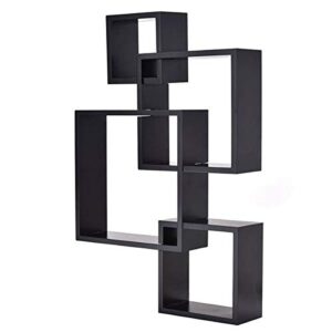 NALLBEIRRAA Wooden Wall Mounted Shelves, 4 Cube Intersecting Wall Mounted Floating Shelves for Living Room Bedroom Entryway Hallway Bathroom (Black)