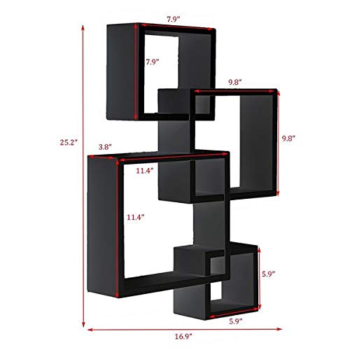 NALLBEIRRAA Wooden Wall Mounted Shelves, 4 Cube Intersecting Wall Mounted Floating Shelves for Living Room Bedroom Entryway Hallway Bathroom (Black)