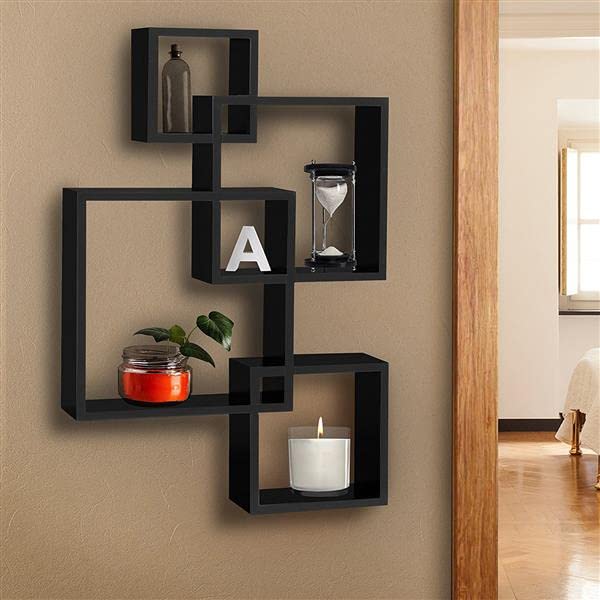 NALLBEIRRAA Wooden Wall Mounted Shelves, 4 Cube Intersecting Wall Mounted Floating Shelves for Living Room Bedroom Entryway Hallway Bathroom (Black)