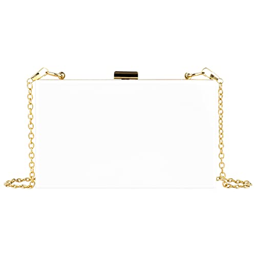 Andaz Press Blank Acrylic Clutch Purse for Women, Bride, Mrs, Bridesmaids, White Clutch Evening Box Shoulder Handbag with Gold Removable Metal Chain 1-Pack for Wedding Cocktail Formal Dinner Prom