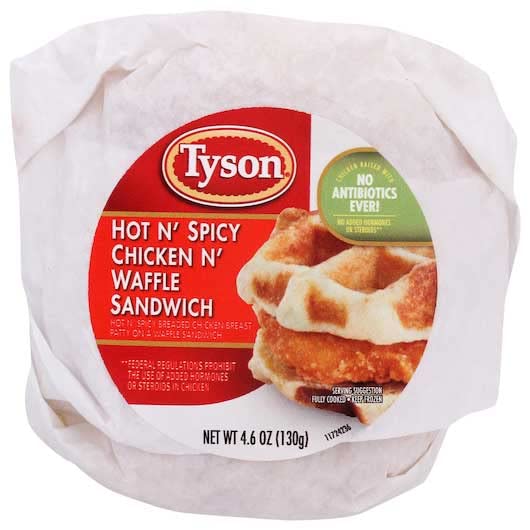 Tyson Hot N Spicy Chicken and Waffle Sandwich, 0.288 Pound -- 12 per case.