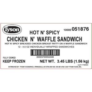 Tyson Hot N Spicy Chicken and Waffle Sandwich, 0.288 Pound -- 12 per case.