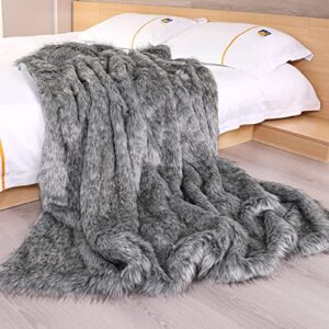 starose luxurious faux fur throw fake wolf fur throw blanket couch throw bedspread comforter gray queen size 79″x90″