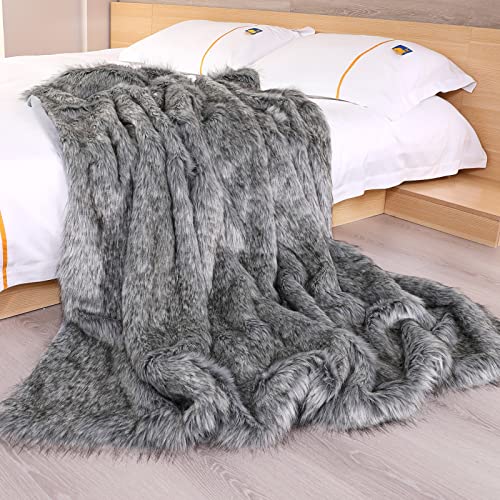 Starose Luxurious Faux Fur Throw Fake Wolf Fur Throw Blanket Couch Throw Bedspread Comforter Gray Queen Size 79"x90"