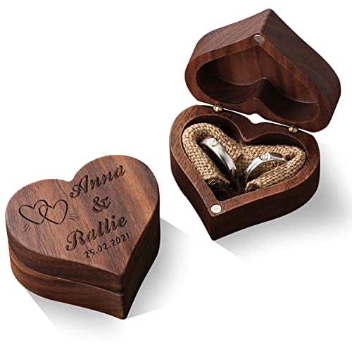 ANQIYI Personalized Engagement Ring Box Wedding Ring Holder Case for 2 Rings, Engraved Name Wooden Jewelry Ring Boxes for Wedding Proposal Engagement