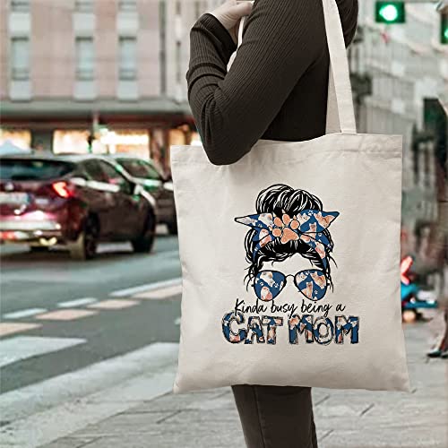 ZHANTUONE Kinda Busy Being a Cat Mom Canvas Tote Bag，Best Cat Mom Ever，Gifts for Cat Lovers for Women，Cat Mom Gifts for Women，Gift for Cat Mom，Funny Cat Mom Canvas Tote Bag，Cat Lover Gifts