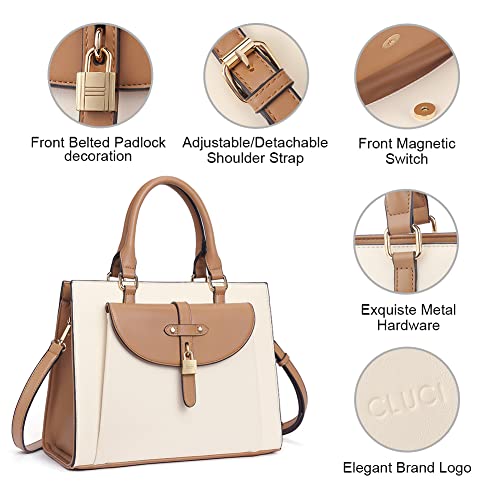 CLUCI Satchel Purses and Handbags for Women Vegan Leather Designer Tote Ladies Fashion Top Handle Shoulder Bag Off-white with Brown