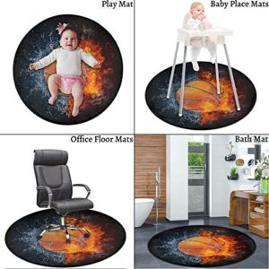 Circular Area Rugs for Bedroom, Soft Rugs for Girls Bedroom, Fire Water Basketball Round Rugs 36.2" Splat Mat for High Chair, Machine Washable Area Rug Kitchen Rugs Carpet for Bedroom