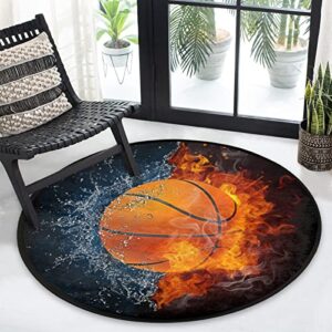 Circular Area Rugs for Bedroom, Soft Rugs for Girls Bedroom, Fire Water Basketball Round Rugs 36.2" Splat Mat for High Chair, Machine Washable Area Rug Kitchen Rugs Carpet for Bedroom