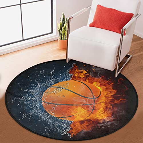 Circular Area Rugs for Bedroom, Soft Rugs for Girls Bedroom, Fire Water Basketball Round Rugs 36.2" Splat Mat for High Chair, Machine Washable Area Rug Kitchen Rugs Carpet for Bedroom