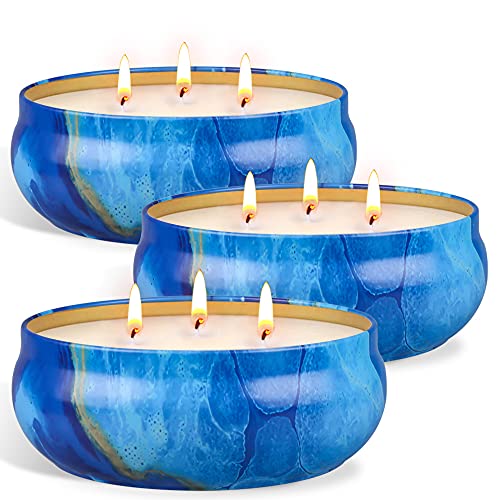 OFUN Large Citronella Candles Outdoor, 3 Wicks Scented Candle Set for Home Patio, Garden Balcony Camping BBQ, 240hr Long Lasting, Decorative Travel Tin, Natural Soy Wax Jar Candles 3 Pack