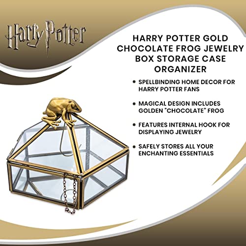 Harry Potter Gold Chocolate Frog Jewelry Box Organizer Display Case Container | Jewelry Dish Trinket Tray For Necklaces, Rings, Bracelets | Home Decor Room Essentials | Wizarding World Gifts