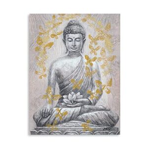 Buddha Canvas Wall Art Gold-foil: Zen Statue Textured Print with Lotus Flower for Buddhism Prayer Wall Decor Inspirational Posters for Spa Yoga Room Decorations Framed Ready to Hang 12"x16"