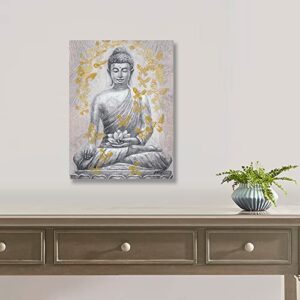 Buddha Canvas Wall Art Gold-foil: Zen Statue Textured Print with Lotus Flower for Buddhism Prayer Wall Decor Inspirational Posters for Spa Yoga Room Decorations Framed Ready to Hang 12"x16"