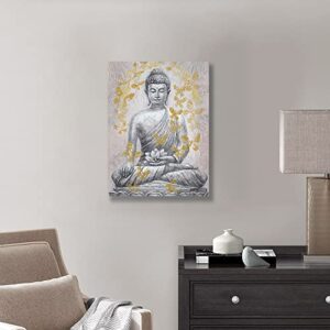 Buddha Canvas Wall Art Gold-foil: Zen Statue Textured Print with Lotus Flower for Buddhism Prayer Wall Decor Inspirational Posters for Spa Yoga Room Decorations Framed Ready to Hang 12"x16"