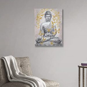 Buddha Canvas Wall Art Gold-foil: Zen Statue Textured Print with Lotus Flower for Buddhism Prayer Wall Decor Inspirational Posters for Spa Yoga Room Decorations Framed Ready to Hang 12"x16"