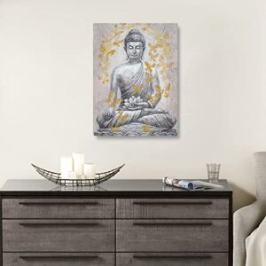 Buddha Canvas Wall Art Gold-foil: Zen Statue Textured Print with Lotus Flower for Buddhism Prayer Wall Decor Inspirational Posters for Spa Yoga Room Decorations Framed Ready to Hang 12"x16"