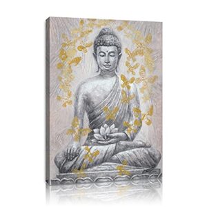Buddha Canvas Wall Art Gold-foil: Zen Statue Textured Print with Lotus Flower for Buddhism Prayer Wall Decor Inspirational Posters for Spa Yoga Room Decorations Framed Ready to Hang 12"x16"