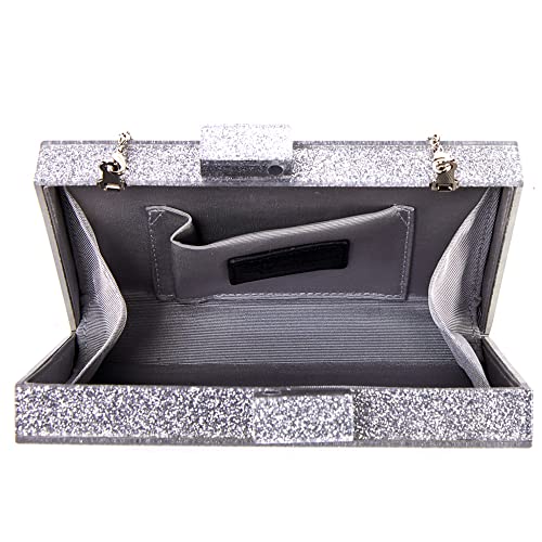 Like Dreams Women Fashion Silver Glitter Acrylic Box Clutch for Prom Evening Chain Evening Purse (Silver)