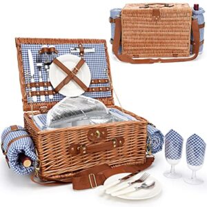 picnic baskets for 2, picnic basket with waterproof blanket, picnic basket set with washable beach mat & large insulated cooler compartment, handmade natural wicker hamper for camping, outdoor party