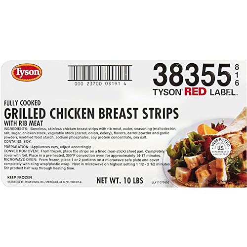 Tyson Red Label NAE Large Fully Cooked Grilled Chicken Breast Strips,10 Pound -- 1 each.