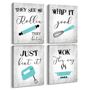 Creoate Turquoise Kitchen Canvas Wall Art, 4 Pieces Funny Kitchen Rules Songs for Kitchen Wall Decor, Canvas Poster Print Set 8X10 Framed Artwork for Dining Room, Coffee Bar, Bakery Decor