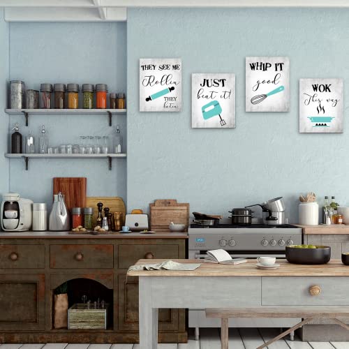 Creoate Turquoise Kitchen Canvas Wall Art, 4 Pieces Funny Kitchen Rules Songs for Kitchen Wall Decor, Canvas Poster Print Set 8X10 Framed Artwork for Dining Room, Coffee Bar, Bakery Decor