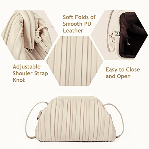 GLITZALL Clutch Purse and Dumpling Bag for Women,Designer Cloud Handbag and Ruched Bag with Detachable Shoulder Strap,Soft PU Leather (Beige)