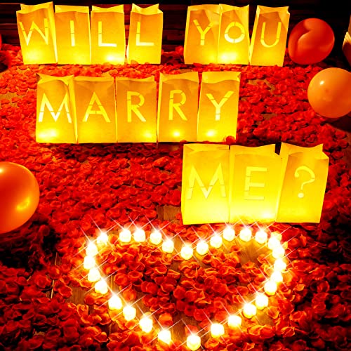 Treela 4071 Pcs Will You Marry Me Sign Luminary Letters Paper Bags Proposal Wedding Decorations Red Rose Petals Heart Flameless Tealight Candles for for Wedding Romantic Night Engagement Party