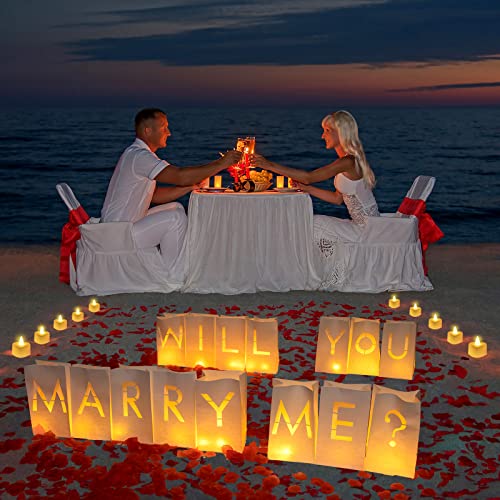Treela 4071 Pcs Will You Marry Me Sign Luminary Letters Paper Bags Proposal Wedding Decorations Red Rose Petals Heart Flameless Tealight Candles for for Wedding Romantic Night Engagement Party