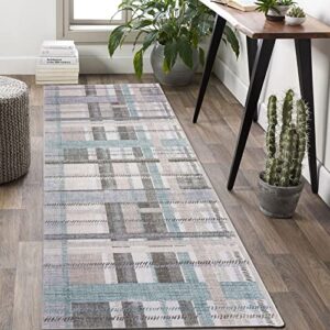 decomall nele washable runner rug, modern plaid non-slip long rug for hallway kitchen, multi 2’6”x9’