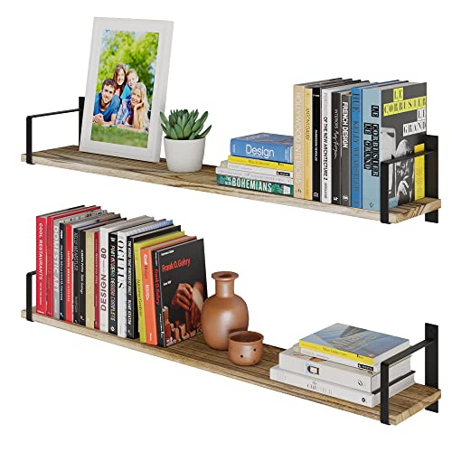 Wallniture Toledo Wood Floating Shelves for Wall Storage, Floating Bookshelf Set of 2, 36"x6" Long Wall Shelves for Living Room, Bathroom, Bedroom, Kitchen Pantry, Burnt Finish