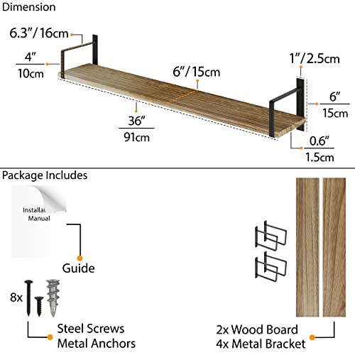 Wallniture Toledo Wood Floating Shelves for Wall Storage, Floating Bookshelf Set of 2, 36"x6" Long Wall Shelves for Living Room, Bathroom, Bedroom, Kitchen Pantry, Burnt Finish