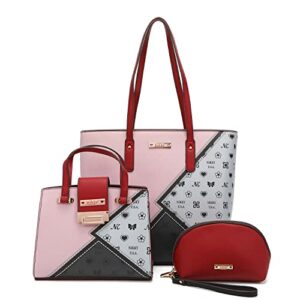 destiny by nicole lee 3 pieces set bag monogram fashion handbag eco leather large tote mini messenger bag wristlet pouch for women girls nk12317 pgy