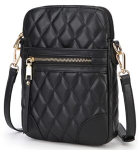 lola mae small quilted crossbody bag for women phone pocket shoulder handbag zipper closure (black)