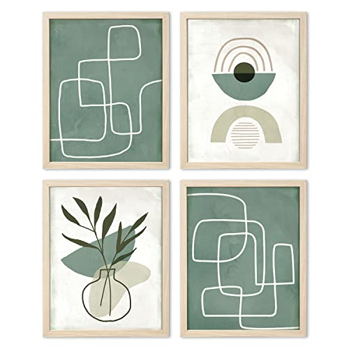 ArtbyHannah 11x14 Boho Framed Wall Art Set of 4, with Sage Green Geometric Line and Bohemia Art Prints for Home Decoration