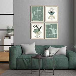 ArtbyHannah 11x14 Boho Framed Wall Art Set of 4, with Sage Green Geometric Line and Bohemia Art Prints for Home Decoration