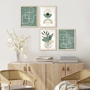 ArtbyHannah 11x14 Boho Framed Wall Art Set of 4, with Sage Green Geometric Line and Bohemia Art Prints for Home Decoration