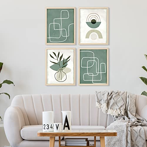 ArtbyHannah 11x14 Boho Framed Wall Art Set of 4, with Sage Green Geometric Line and Bohemia Art Prints for Home Decoration