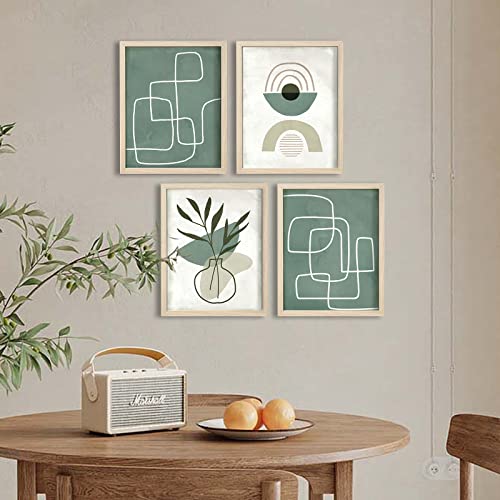 ArtbyHannah 11x14 Boho Framed Wall Art Set of 4, with Sage Green Geometric Line and Bohemia Art Prints for Home Decoration