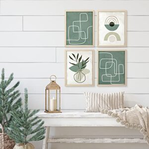 ArtbyHannah 11x14 Boho Framed Wall Art Set of 4, with Sage Green Geometric Line and Bohemia Art Prints for Home Decoration