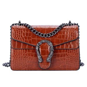 glod jorlee women’s stylish chain strap crossbody shoulder satchel bags -classic stone pattern crocodile pattern leather square flap handbag (brown)