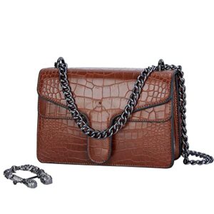 GLOD JORLEE Women's Stylish Chain Strap Crossbody Shoulder satchel Bags -Classic Stone Pattern Crocodile Pattern Leather Square Flap Handbag (Brown)