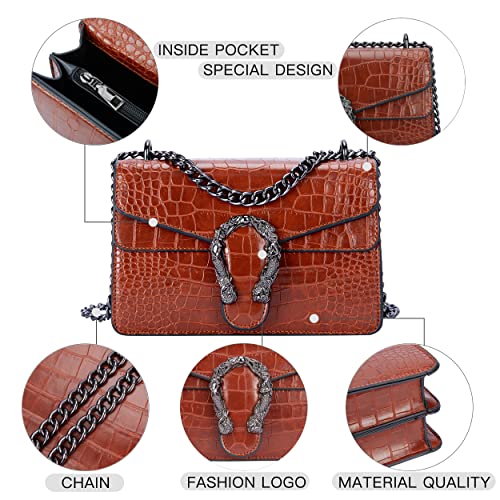 GLOD JORLEE Women's Stylish Chain Strap Crossbody Shoulder satchel Bags -Classic Stone Pattern Crocodile Pattern Leather Square Flap Handbag (Brown)