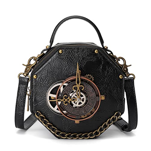 Steampunk PU Leather Messenger Bag Gothic Handbag Retro Handheld Crossbody Shoulder Bags Satchel, Black