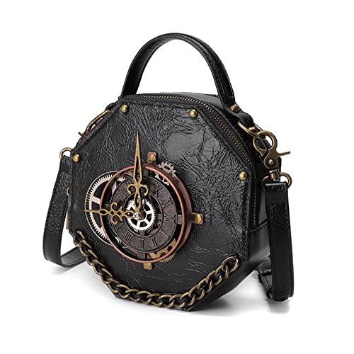 Steampunk PU Leather Messenger Bag Gothic Handbag Retro Handheld Crossbody Shoulder Bags Satchel, Black