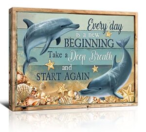 dolphin canvas wall art inspiritional wall decor every day is a new beginning nautical ocean painting framed artwork ready to hang for living room bedroom bathroom home decor 12×16 inch