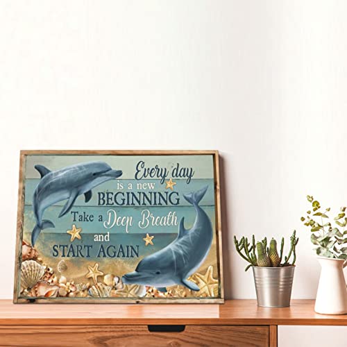 Dolphin Canvas Wall Art Inspiritional Wall Decor Every Day Is A New Beginning Nautical Ocean Painting Framed Artwork Ready To Hang for Living Room Bedroom Bathroom Home Decor 12x16 Inch